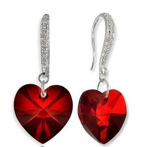 Beautiful Sterling Silver Ruby Heart Dangle Earrings with Cubic Zirconia